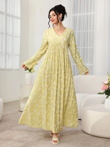 Al Najma New Print V-Neck High Waist A-Line Long Sleeve Arabic Style Casual Modest Elegant Dress Formal Office Going Out Formal White Fall - Yellow - View 4
