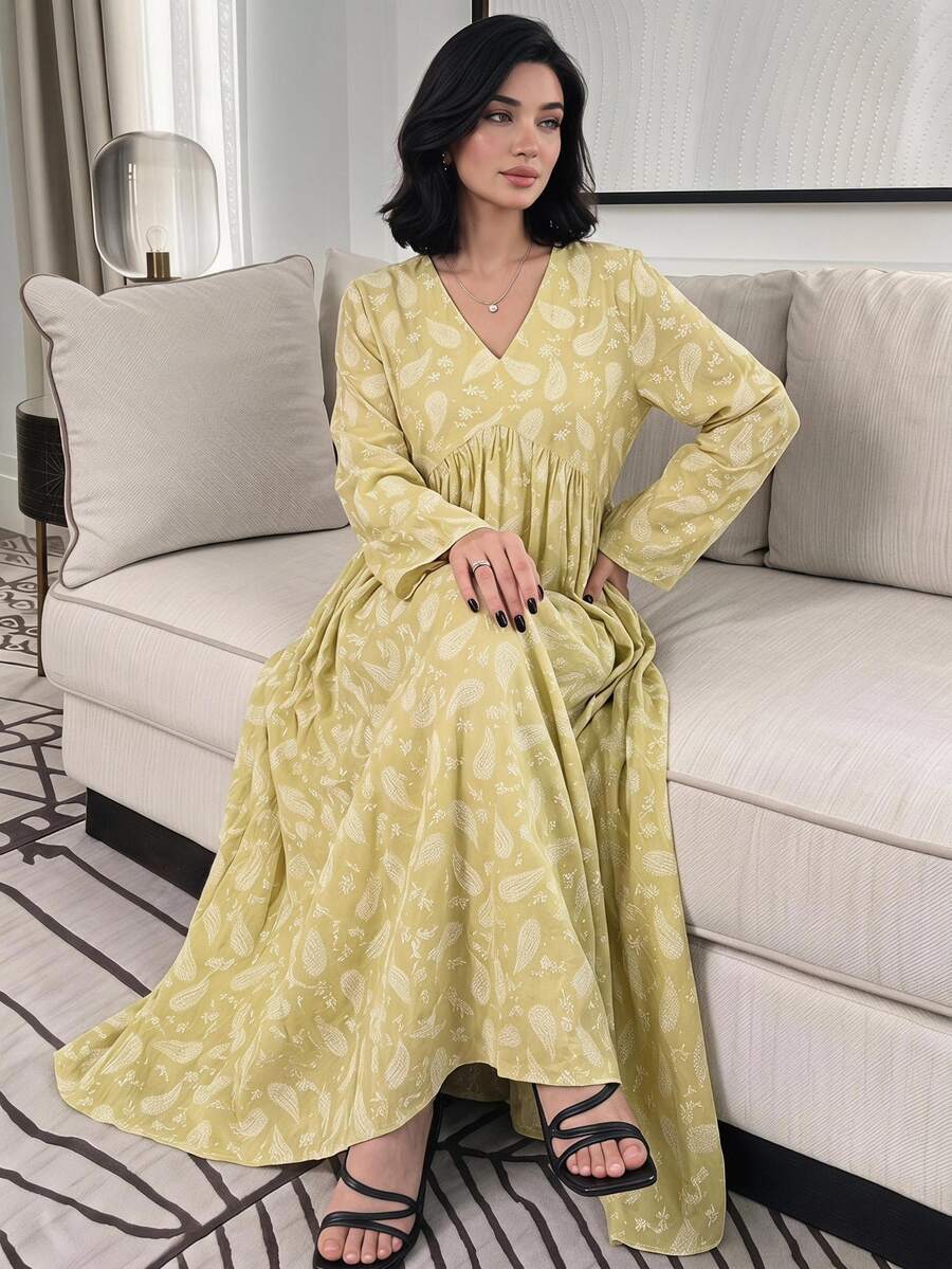 Al Najma New Print V-Neck High Waist A-Line Long Sleeve Arabic Style Casual Modest Elegant Dress Formal Office Going Out Formal White Fall - Yellow - View 1