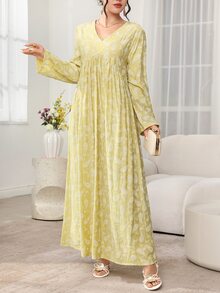Al Najma New Print V-Neck High Waist A-Line Long Sleeve Arabic Style Casual Modest Elegant Dress Formal Office Going Out Formal White Fall - Yellow - View 5