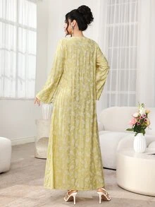 Al Najma New Print V-Neck High Waist A-Line Long Sleeve Arabic Style Casual Modest Elegant Dress Formal Office Going Out Formal White Fall - Yellow - View 2