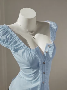 Elamini Women's Minimalist Sweet Fresh Ruffled Off Shoulder Petal Sleeve Blouse, Spring/Summer - Baby Blue - View 4