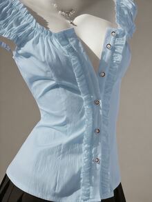 Elamini Women's Minimalist Sweet Fresh Ruffled Off Shoulder Petal Sleeve Blouse, Spring/Summer - Baby Blue - View 7