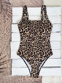 SHEIN Swim 2026 Spring/Summer Random Leopard Print Adjustable Strap Backless Fitted Square Neck One-Piece Swimsuit For Women - Multicolor - View 2