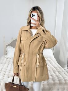 Easowa Jaket Kasual Wanita Polos dengan Tali Serut di Pinggang untuk Perjalanan Sehari-hari - Khaki - View 3