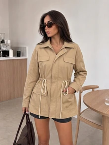 Easowa Jaket Kasual Wanita Polos dengan Tali Serut di Pinggang untuk Perjalanan Sehari-hari - Khaki - View 1