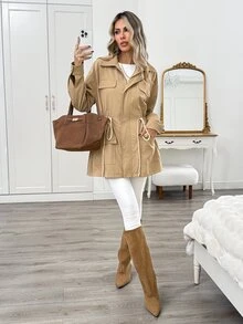 Easowa Jaket Kasual Wanita Polos dengan Tali Serut di Pinggang untuk Perjalanan Sehari-hari - Khaki - View 4