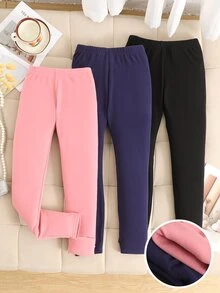SHEIN 少女秋冬日常百搭極簡風保暖內裡加厚打底褲 3件/包，黑色、皇家藍、粉色，隨機發送3件 - 彩色 - 查看 3