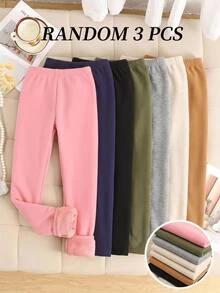 SHEIN 少女秋冬日常百搭極簡風保暖內裡加厚打底褲 3件/包，黑色、皇家藍、粉色，隨機發送3件 - 彩色 - 查看 6