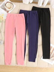 SHEIN 少女秋冬日常百搭極簡風保暖內裡加厚打底褲 3件/包，黑色、皇家藍、粉色，隨機發送3件 - 彩色 - 查看 2