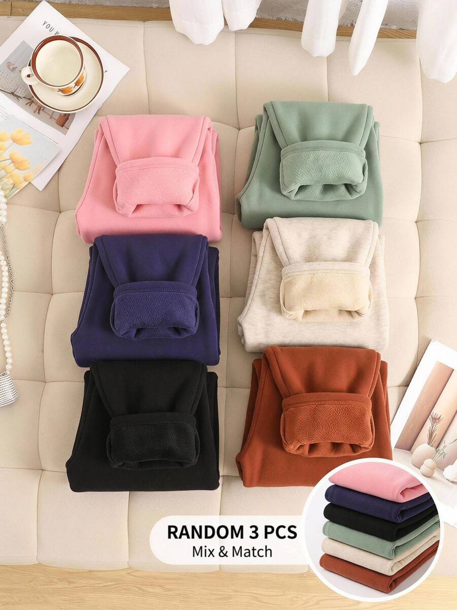 SHEIN 少女秋冬日常百搭極簡風保暖內裡加厚打底褲 3件/包,黑色、皇家藍、粉色,隨機發送3件 - 彩色 - 查看 1