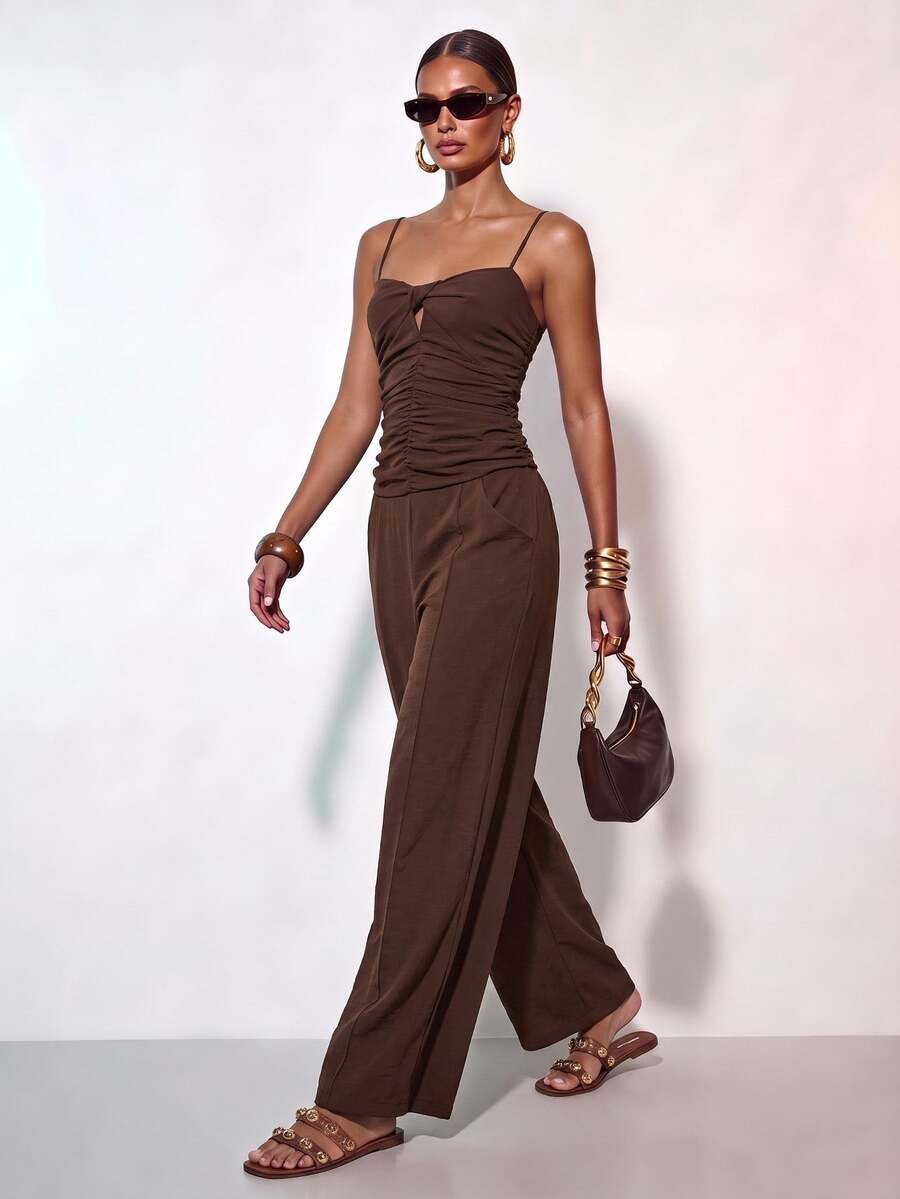 Zivah 2026 Spring/Summer New Music Festival Jumpsuit With Spaghetti Strap, Twist Ruched Design, Pockets, Ankle-Tied, Brown