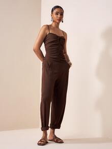 Zivah 2026 Spring/Summer New Music Festival Jumpsuit With Spaghetti Strap, Twist Ruched Design, Pockets, Ankle-Tied, Brown - Brown - View 4