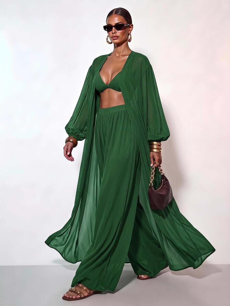 Zivah Women's Solid Color Pleated Robe And Wide Leg Pants Casual Vacation Coverup Set Summer Beach - Green - View 1