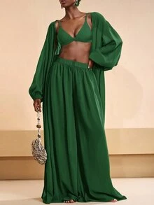 Zivah Women's Solid Color Pleated Robe And Wide Leg Pants Casual Vacation Coverup Set Summer Beach - Green - View 6