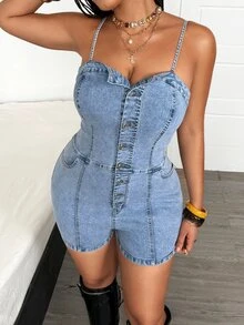 SHEIN EZwear Y2K 大尺碼牛仔連身褲，多鈕扣與口袋設計，低領，適合春夏季 - 淺色水洗藍 - 查看 5