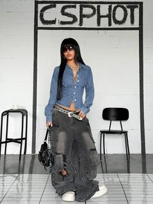 SHEIN EZwear Y2K Sexy Women's Striped Cinched Waist Long Sleeve Washed Denim Shirt Night Blue And White Striped Fall - Medium Wash - View 1
