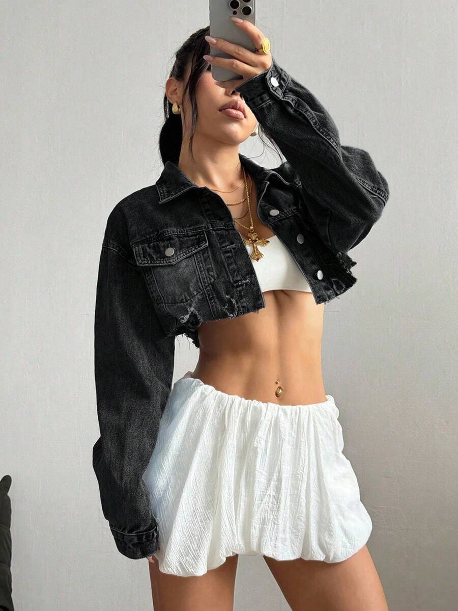 Jeanoix Plus Size Outdoor Fashion Distressed Raw Hem Pocket Cropped Black Denim Jacket - Black - View 1