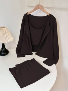 Franclia 3 PiecesCasual Everyday Matching Camisole, Cardigan, And Elastic Waist Straight Pants Knit Set, Apricot Color, Autumn/Winter Fall Cloth For Women - Mocha Brown - View 3