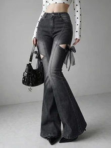 FRIFUL Women's Street Style Y2k Button Pocket Flared Jeans Going Out Dark Grey - Blue - View 7