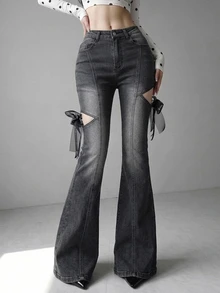 FRIFUL Women's Street Style Y2k Button Pocket Flared Jeans Going Out Dark Grey - Blue - View 5