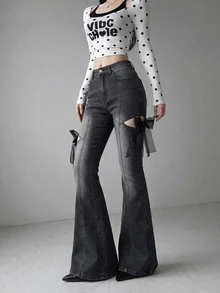 FRIFUL Women's Street Style Y2k Button Pocket Flared Jeans Going Out Dark Grey - Blue - View 6
