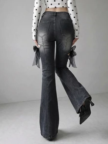 FRIFUL Women's Street Style Y2k Button Pocket Flared Jeans Going Out Dark Grey - Blue - View 2
