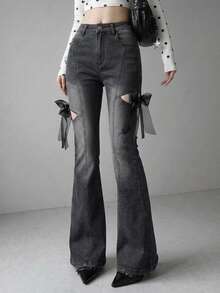 FRIFUL Women's Street Style Y2k Button Pocket Flared Jeans Going Out Dark Grey - Blue - View 4