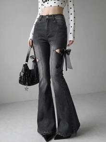 FRIFUL Women's Street Style Y2k Button Pocket Flared Jeans Going Out Dark Grey - Blue - View 3