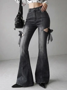 FRIFUL Women's Street Style Y2k Button Pocket Flared Jeans Going Out Dark Grey - Blue - View 8