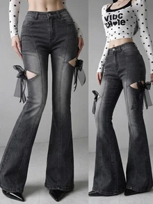 FRIFUL Women's Street Style Y2k Button Pocket Flared Jeans Going Out Dark Grey - Blue - View 1