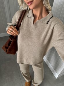 SHEIN طقم نسائي من قطعتين ملابس منزلية محبوكة بحواف متباينة اللون، كنزة بأكمام طويلة وبنطال واسع الساق - بني مخاوي - مشاهدة 3