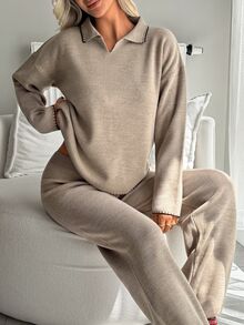 SHEIN طقم نسائي من قطعتين ملابس منزلية محبوكة بحواف متباينة اللون، كنزة بأكمام طويلة وبنطال واسع الساق - بني مخاوي - مشاهدة 4