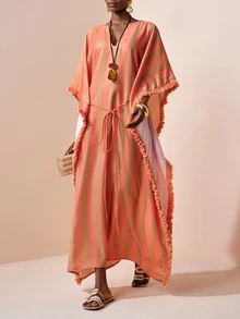 Zivah Pastal Summer Boho Sexy Holiday Vacation Holiday V-Neck Short Sleeve Long Linen Textured Striped Print Tassel Patchwork Tie-Up Maxi Dress Golf - Orange - View 5