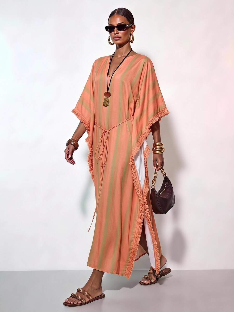 Zivah Pastal Summer Boho Sexy Holiday Vacation Holiday V-Neck Short Sleeve Long Linen Textured Striped Print Tassel Patchwork Tie-Up Maxi Dress Golf
