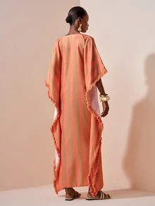 Zivah Pastal Summer Boho Sexy Holiday Vacation Holiday V-Neck Short Sleeve Long Linen Textured Striped Print Tassel Patchwork Tie-Up Maxi Dress Golf - Orange - View 3