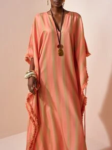 Zivah Pastal Summer Boho Sexy Holiday Vacation Holiday V-Neck Short Sleeve Long Linen Textured Striped Print Tassel Patchwork Tie-Up Maxi Dress Golf - Orange - View 4