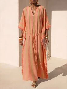 Zivah Pastal Summer Boho Sexy Holiday Vacation Holiday V-Neck Short Sleeve Long Linen Textured Striped Print Tassel Patchwork Tie-Up Maxi Dress Golf - Orange - View 8