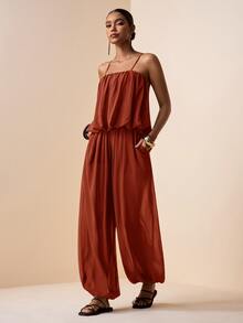 Zivah Women's Rusty Orange Chiffon 2-Piece Set,Summer Casual Holiday Vacation Holiday Camisole Ruffle Bud Layered Top & Wide Leg Pleated Palazzo Pants - Redwood - View 4