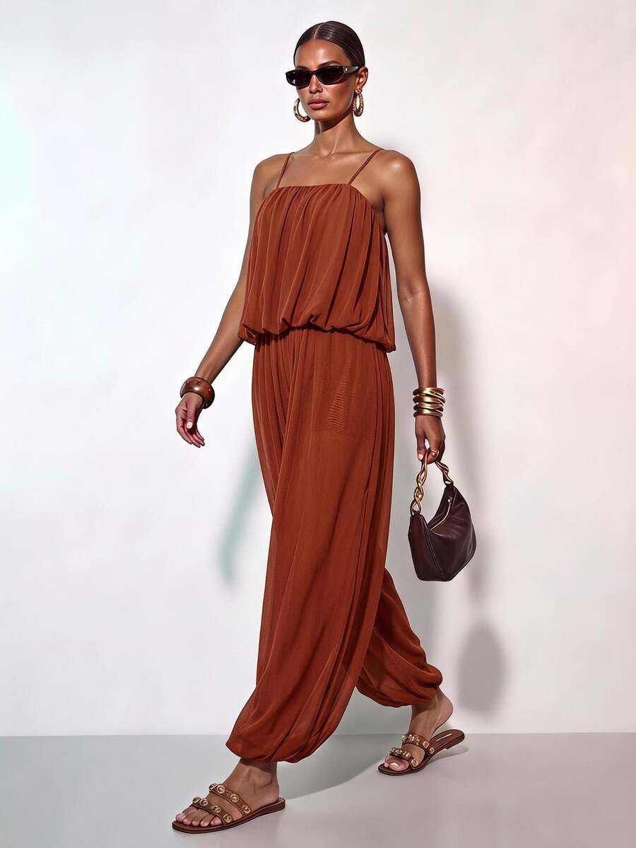 Zivah Women's Rusty Orange Chiffon 2-Piece Set,Summer Casual Holiday Vacation Holiday Camisole Ruffle Bud Layered Top & Wide Leg Pleated Palazzo Pants