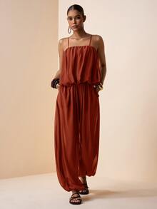 Zivah Women's Rusty Orange Chiffon 2-Piece Set,Summer Casual Holiday Vacation Holiday Camisole Ruffle Bud Layered Top & Wide Leg Pleated Palazzo Pants - Redwood - View 6