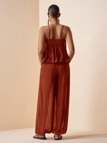 Zivah Women's Rusty Orange Chiffon 2-Piece Set,Summer Casual Holiday Vacation Holiday Camisole Ruffle Bud Layered Top & Wide Leg Pleated Palazzo Pants - Redwood - View 3