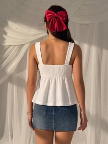 CovetEZ White Textured Lace-Up Hollow Out Casual Romantic Vacation Tank Top (Women), Summer Tops, Suitable For Daily Commute, Dating, Gathering, Autumn/Winter - Pale Yellow - View 3