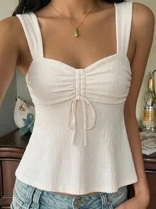 CovetEZ White Textured Lace-Up Hollow Out Casual Romantic Vacation Tank Top (Women), Summer Tops, Suitable For Daily Commute, Dating, Gathering, Autumn/Winter - Pale Yellow - View 5