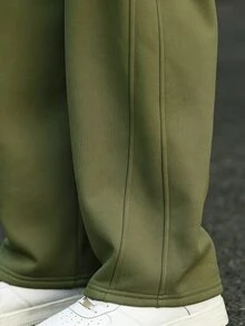 Manfinity Homme 男士休閒百搭純色抽繩腰口袋運動長褲 - 軍綠色 - 查看 5