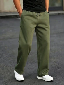 Manfinity Homme 男士休閒百搭純色抽繩腰口袋運動長褲 - 軍綠色 - 查看 3