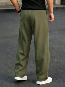 Manfinity Homme 男士休閒百搭純色抽繩腰口袋運動長褲 - 軍綠色 - 查看 2