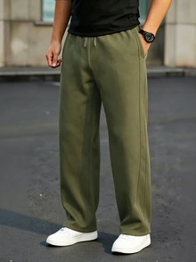 Manfinity Homme 男士休閒百搭純色抽繩腰口袋運動長褲 - 軍綠色 - 查看 6