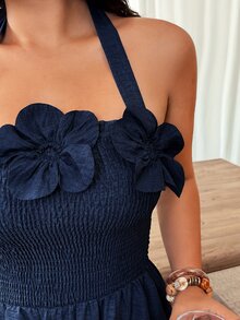 Weeklong Plus Size Women's Navy Blue Summer Smart Casual Vacation Jumpsuit,Elegant Lightweight Strapless Ruffle Hem Elastic Waist Wide Leg Pants Jumpsuit - Navy Blue - View 4