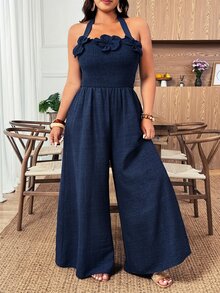 Weeklong Plus Size Women's Navy Blue Summer Smart Casual Vacation Jumpsuit,Elegant Lightweight Strapless Ruffle Hem Elastic Waist Wide Leg Pants Jumpsuit - Navy Blue - View 6