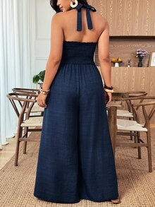 Weeklong Plus Size Women's Navy Blue Summer Smart Casual Vacation Jumpsuit,Elegant Lightweight Strapless Ruffle Hem Elastic Waist Wide Leg Pants Jumpsuit - Navy Blue - View 2